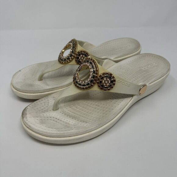 Crocs Sanrah Diamante Wedge Flip Flop Oyster/Rose Gold Womens Size 9 Shoes - Picture 1 of 4